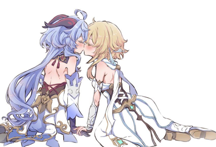 2girls, arm_support, back, backless_outfit, blonde_hair, blue_gloves, blue_hair, blush, bow, closed_eyes, detached_sleeves, dress, ganyu_(genshin_impact), genshin_impact, gloves, highres, holding_hands, horns, kiss, long_hair, low_ponytail, lumine_(genshin_impact), multiple_girls, nwon'yo_pasun, ponytail, sitting, white_background, white_dress, white_sleeves, yokozuwari, yuri
