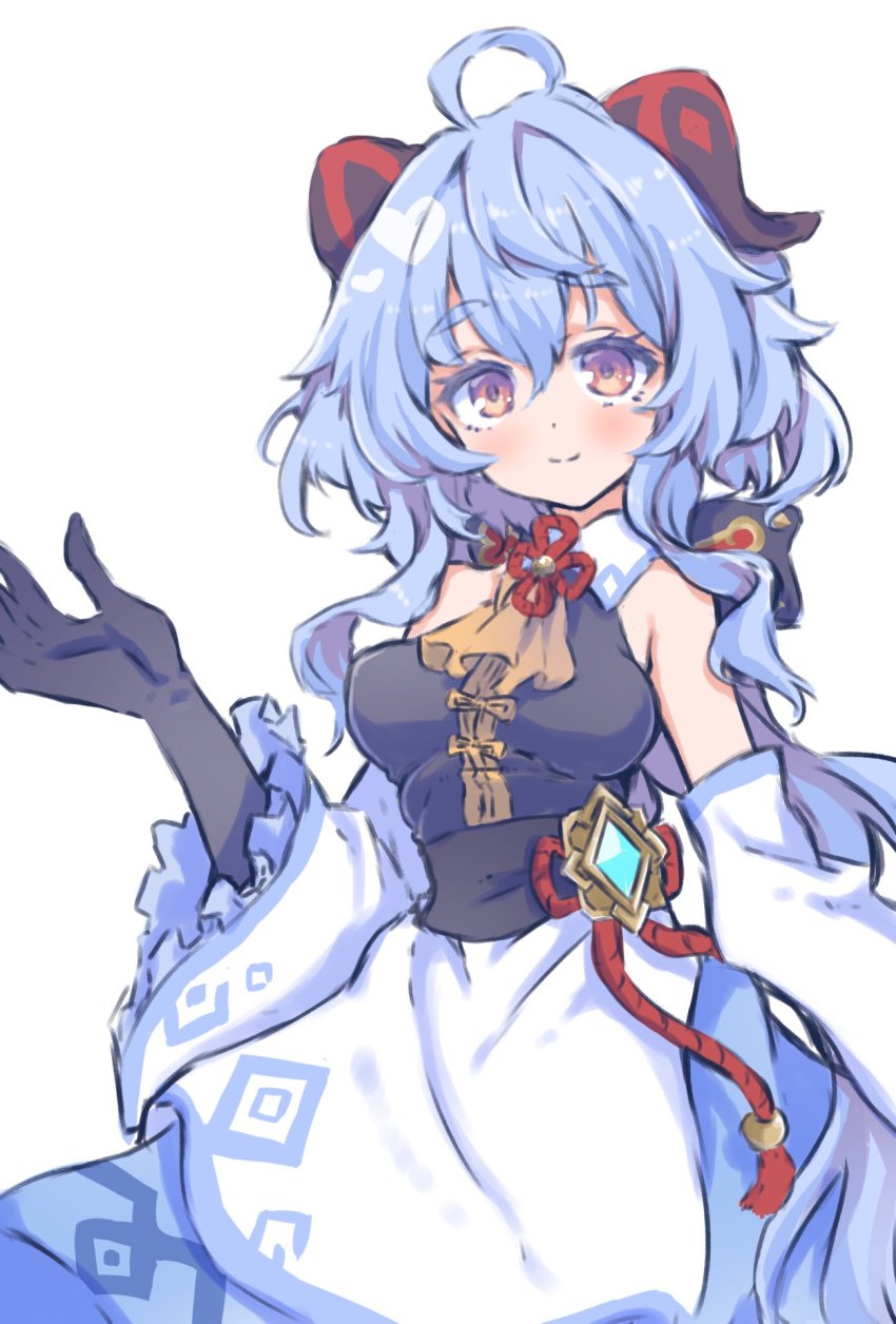 1girl, ahoge, alternate_costume, apron, bare_shoulders, black_gloves, blue_hair, blush