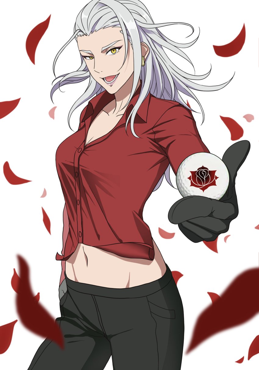 1girl, absurdres, ball, birdie_wing:_golf_girls'_story, black_gloves, black_pants, blouse, ear_piercing