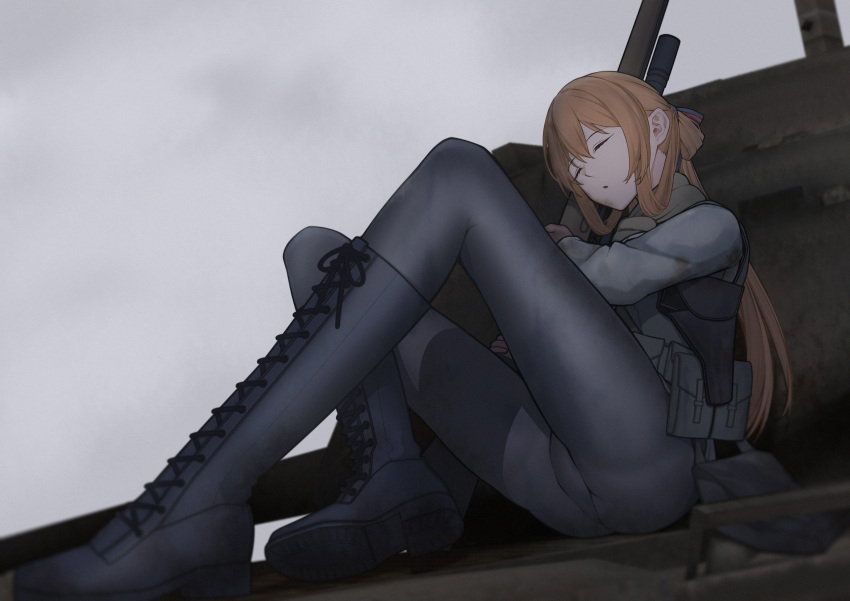 1girl, absurdres, battle_rifle, black_boots, black_pants, bolt_action, boots, closed_eyes