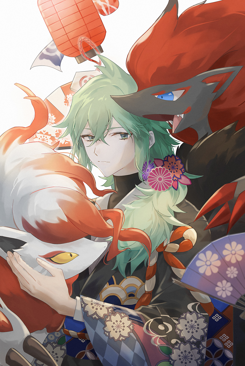 1boy, absurdres, alternate_costume, claws, closed_mouth, commentary, eyelashes, floral_print, gen_5_pokemon, green_eyes, green_hair, hair_between_eyes, hair_ornament, hand_fan, hand_up, highres, hisuian_zoroark, japanese_clothes, kimono, long_hair, male_focus, n_(pokemon), nintendo, paper_fan, pixel_(user_pkds3458), pokemon, pokemon_(creature), pokemon_black_and_white, untranslatable_commentary, zoroark