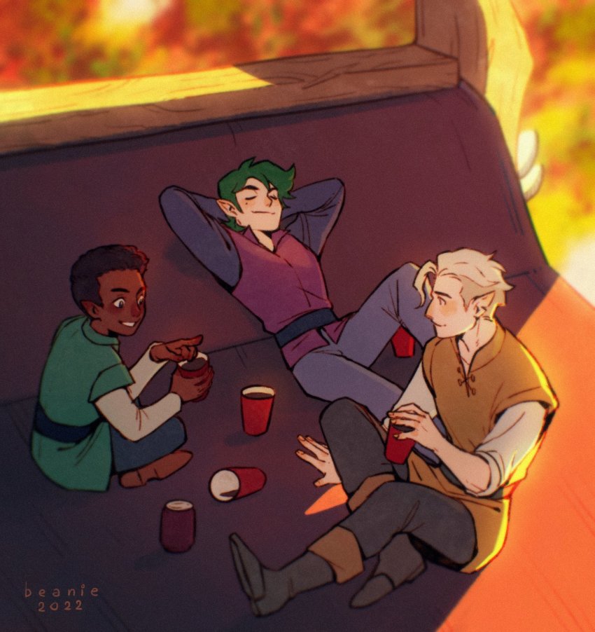 3boys, arms_behind_head, beaniewinnie96, black_hair, blonde_hair, closed_eyes, cup, dark-skinned_male