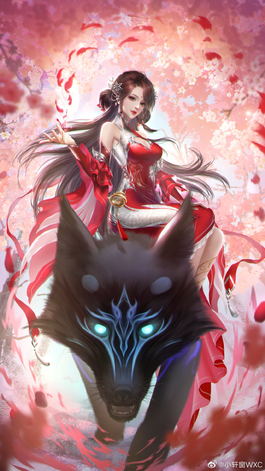 1girl, brown_hair, chinese_clothes, cleavage_cutout, clothing_cutout, dress, hair_ornament, hand_up