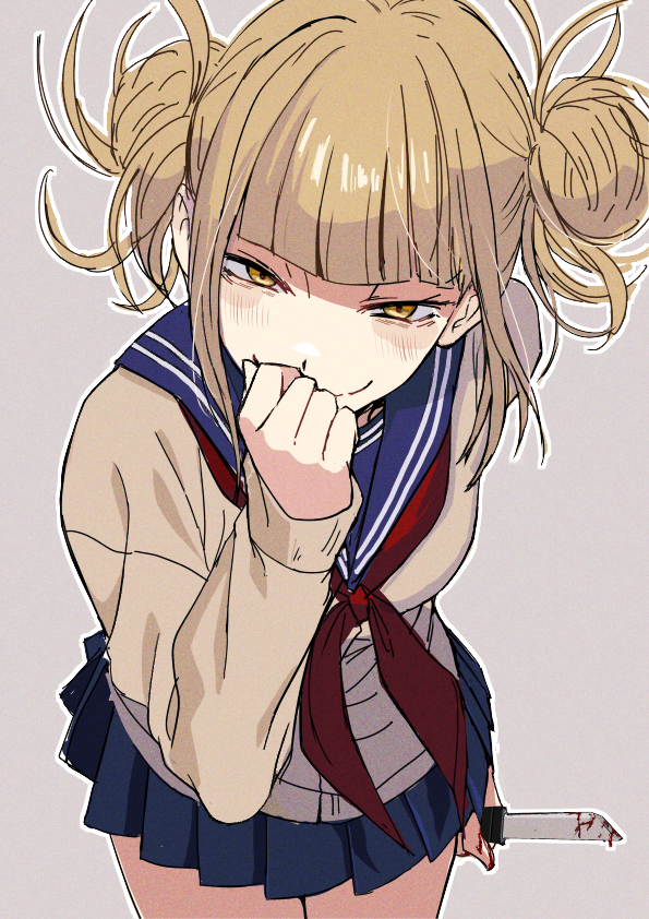 1girl, blonde_hair, blood, bloody_knife, blush, boku_no_hero_academia, double_bun, grey_background, hair_bun, hand_on_own_chin, hand_on_own_face, hitsuji_kusa, knife, leaning_forward, legs, long_sleeves, looking_at_viewer, messy_hair, school_uniform, simple_background, skirt, smile, solo, toga_himiko, yellow_eyes