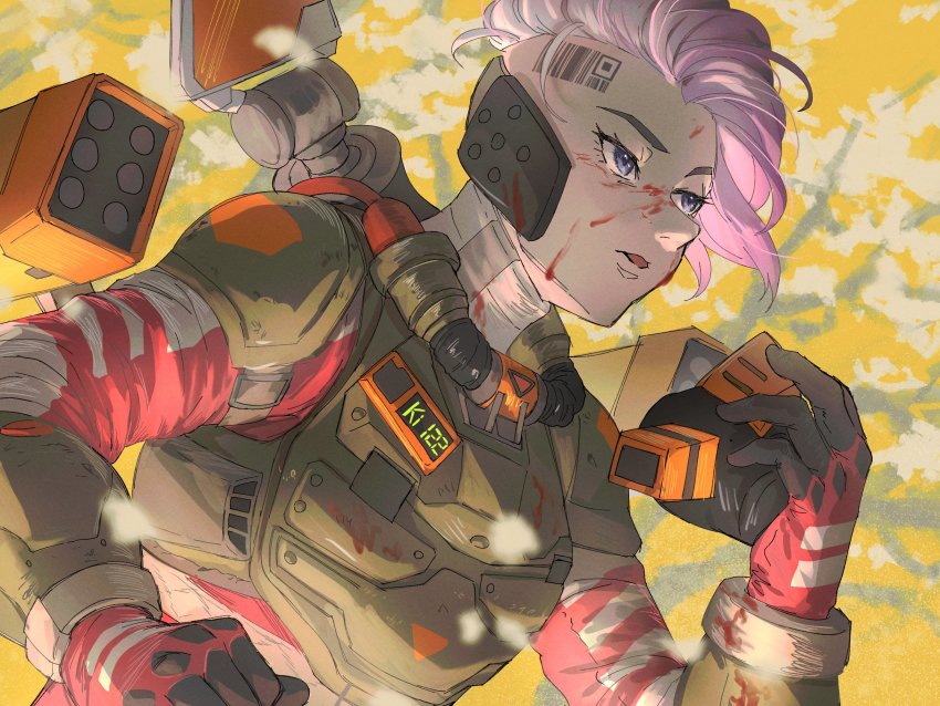 1girl, animification, apex_legends, armor, asymmetrical_hair, barcode, breastplate, gas_mask, gloves, highres, holding, holding_mask, jetpack, kogane_mushi, looking_ahead, mask, missile_pod, official_alternate_costume, purple_eyes, purple_hair, red_gloves, respirator, short_hair, sidecut, slingshot_valkyrie, solo, undercut, unworn_mask, valkyrie_(apex_legends)