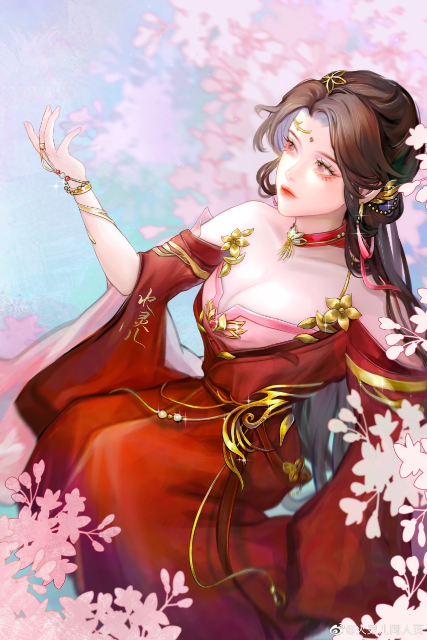1girl, absurdres, bare_shoulders, brown_hair, cherry_blossoms, chinese_clothes, cleavage_cutout, clothing_cutout