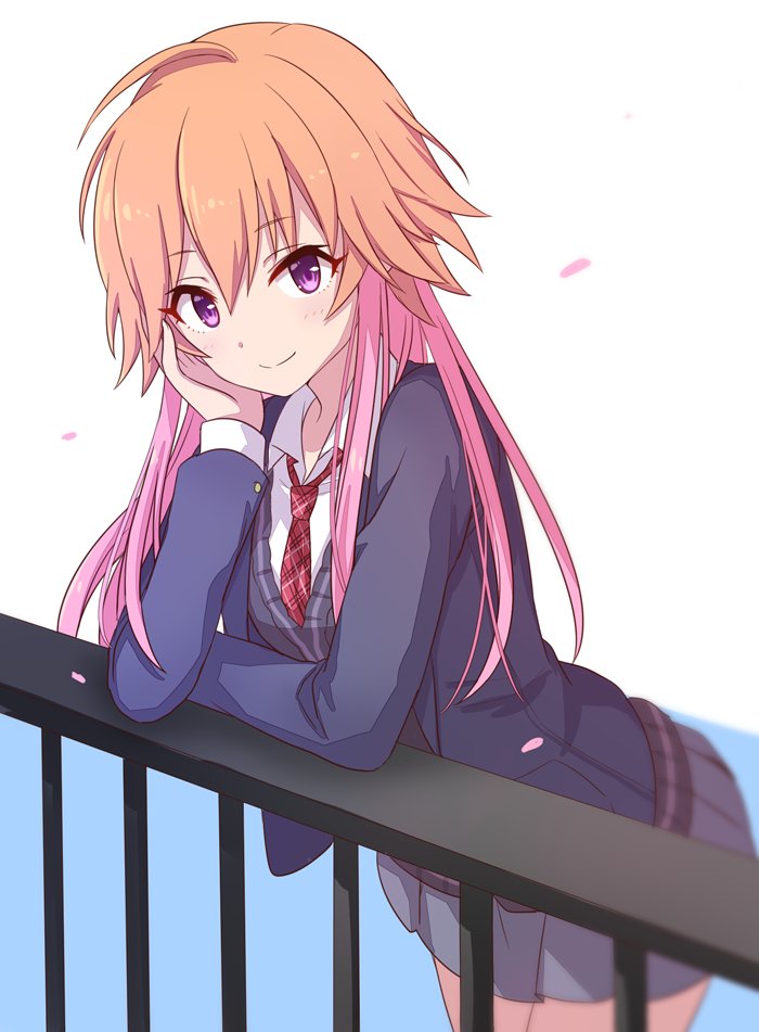 2_nostg, ahoge, black_vest, blue_jacket, breasts, fence, grey_skirt, hand_on_own_face