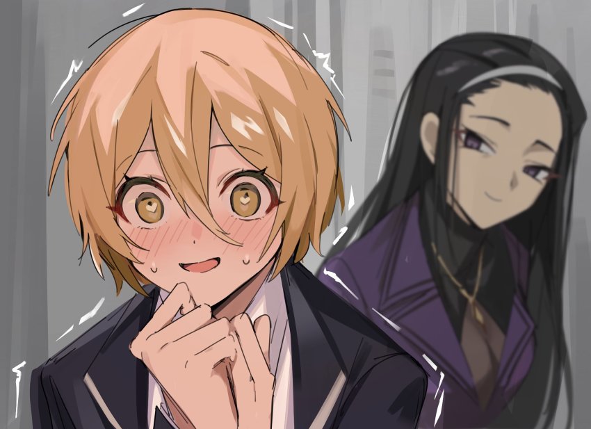 2girls, black_hair, black_jacket, black_shirt, blonde_hair, blush, coat, don_quixote_(project_moon)