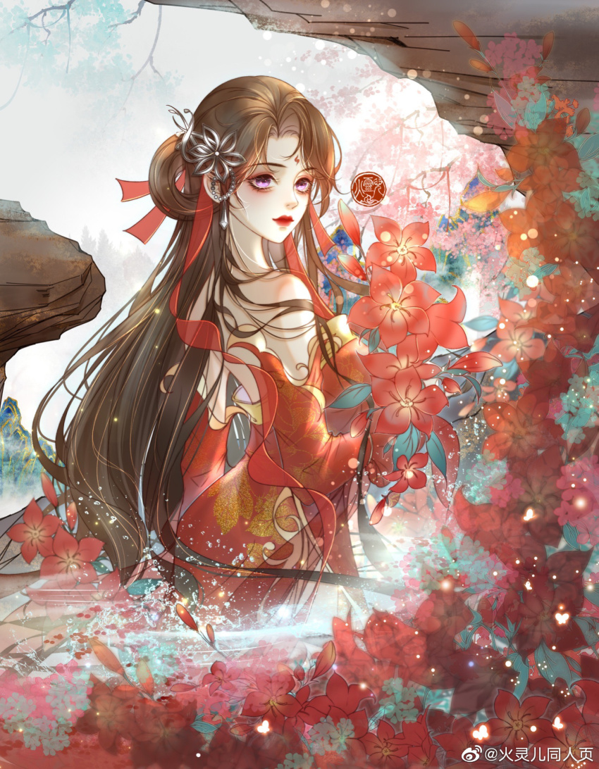 1girl, bare_back, bare_shoulders, brown_hair, chinese_clothes, dress, facial_mark, flower