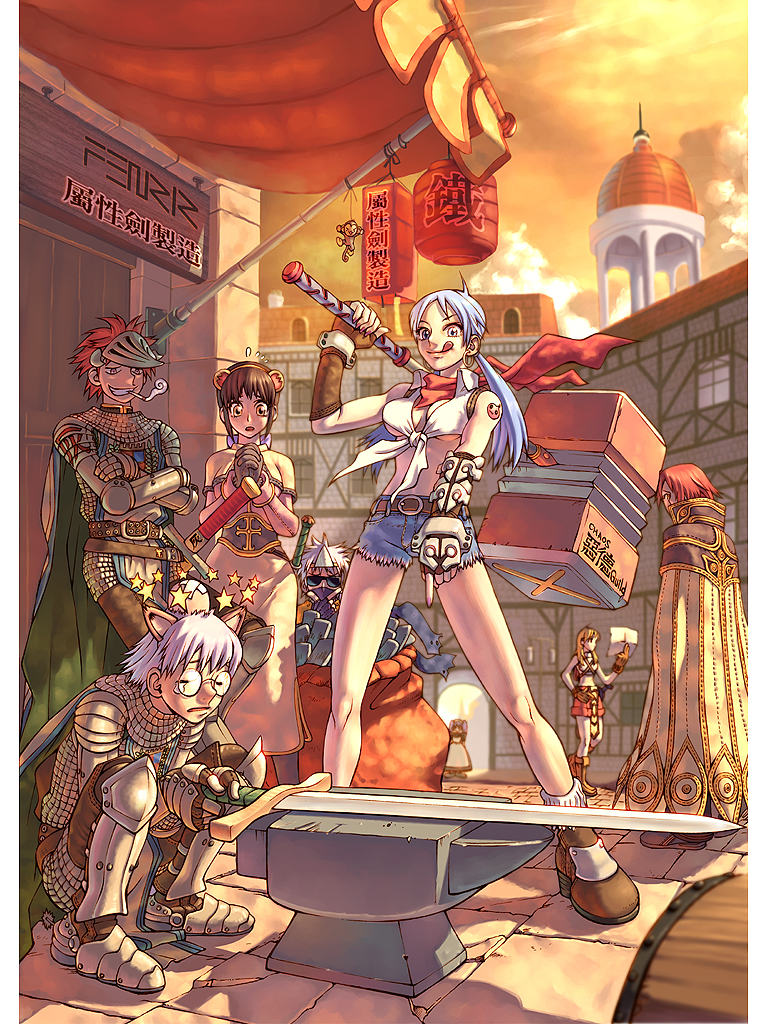 4boys, 4girls, :q, acolyte_(ragnarok_online), animal_ears, anvil, armor, assassin_(ragnarok_online)