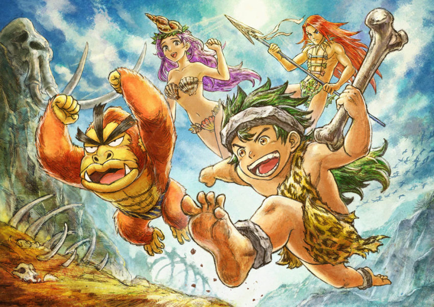 1girl, 2boys, beru_(live_a_live), bikini, caveman, gori_(live_a_live), gorilla, green_hair
