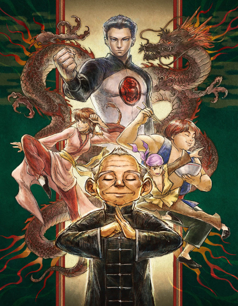 1girl, 3boys, braid, brown_hair, chinese_clothes, dragon, green_background, highres, ikushima_naoki, ikusy, lei_kuugo, live_a_live, multiple_boys, odi_wang_lee, official_art, sammo_hakka, square_enix, xin_shan_quan, yuan_jou