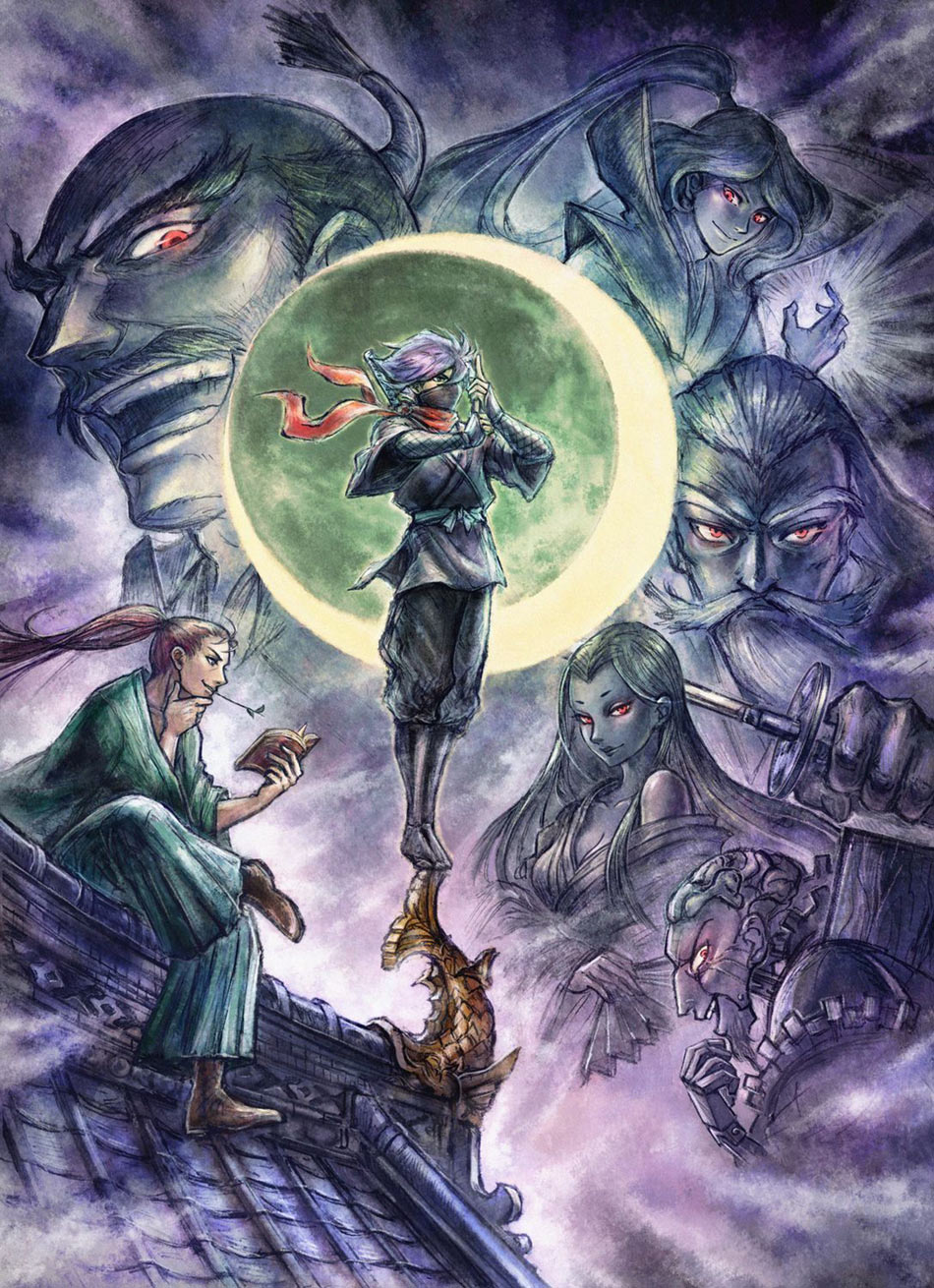 1girl, 5boys, black_hair, blue_eyes, brown_hair, ghost, highres, ikushima_naoki