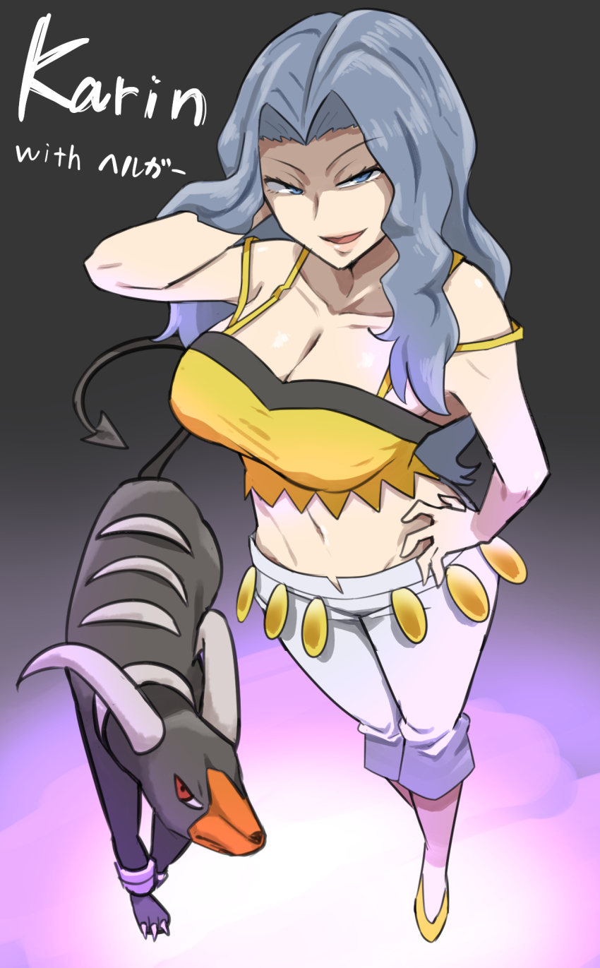bare_arms, bare_shoulders, breasts, cleavage, crop_top, gen_2_pokemon, grey_hair, hand_on_own_hip