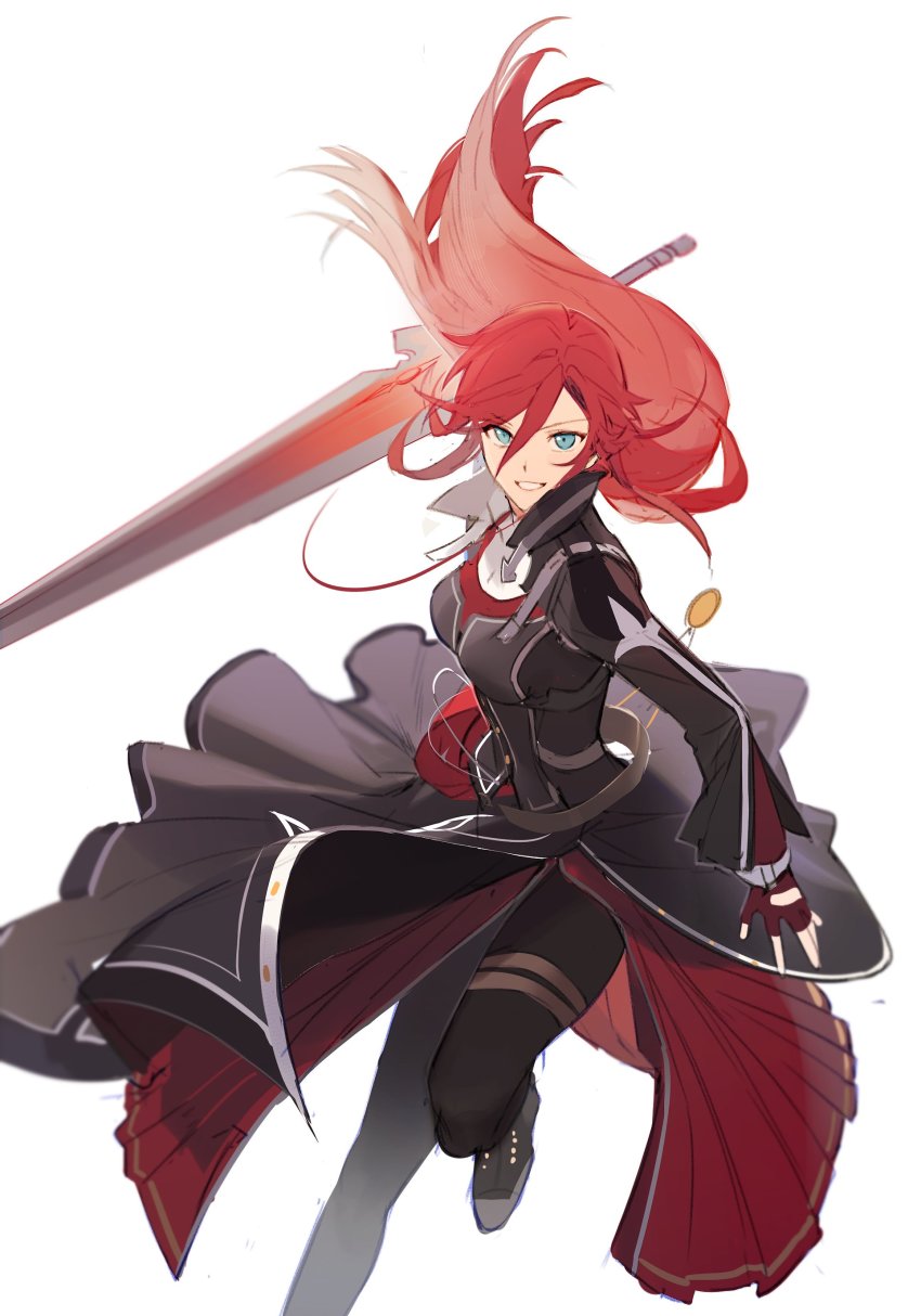 1girl, absurdres, arashiko_falcom, belt, black_coat, black_footwear, black_legwear, blue_eyes