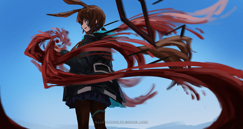 1girl, :d, amiya_(arknights), animal_ears, arknights, black_jacket, blue_eyes, blue_skirt