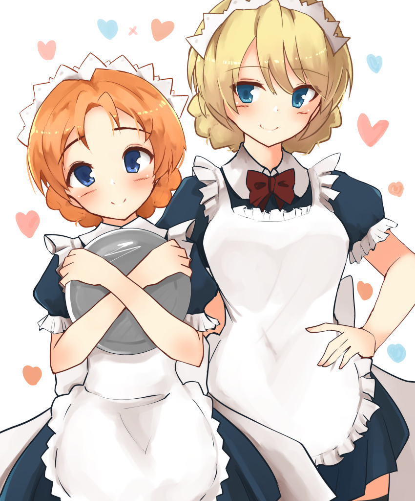 2girls, absurdres, alternate_costume, apron, back_bow, blonde_hair, blue_dress, blue_eyes, bow, bowtie, braid, closed_mouth, collared_dress, darjeeling_(girls_und_panzer), dress, enmaided, frilled_sleeves, frills, girls_und_panzer, hand_on_own_hip, heart, heart_background, highres, holding, holding_tray, large_bow, looking_at_viewer, maid, maid_apron, maid_headdress, multiple_girls, orange_hair, orange_pekoe_(girls_und_panzer), parted_bangs, puffy_short_sleeves, puffy_sleeves, red_bow, red_bowtie, short_dress, short_hair, short_sleeves, side-by-side, smile, standing, tray, twin_braids, white_apron, white_background, white_bow, white_bowtie, yusugi_keima