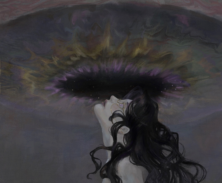 1girl, bare_shoulders, black_hair, cattleya_(lord_of_the_mysteries), chinese_commentary, commentary_request, dark, glasses