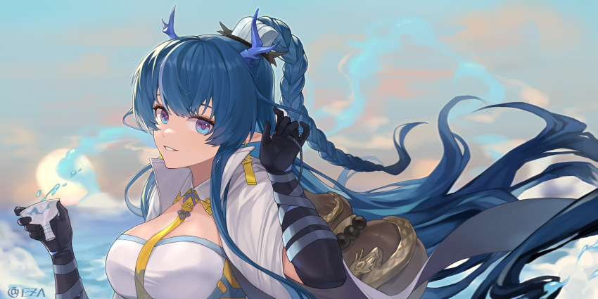 1girl, absurdres, arknights, artist_name, black_gloves, blue_eyes, blue_hair, blue_sky