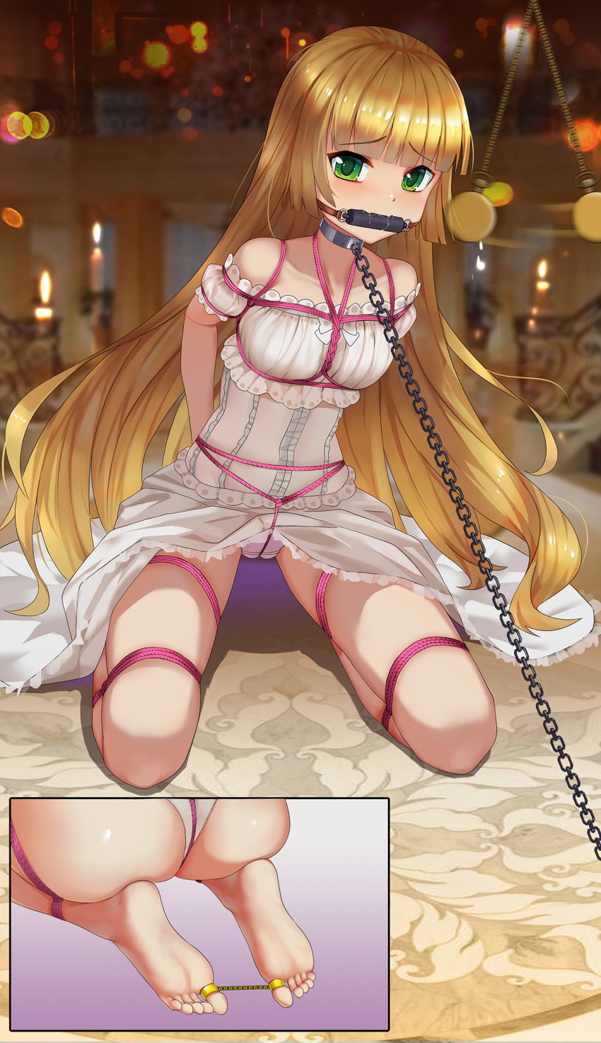 1girl, arms_behind_back, ass, barefoot, bdsm, bit_gag, blonde_hair, blush, bondage, bound, bound_arms, bound_legs, bound_toes, breast_bondage, candle, carpet, chain, close-up, clothes_lift, collar, crotch_rope, dress, dress_lift, fire, frills, frogtie, gag, gagged, gosick, gothic_lolita, green_eyes, haimei1980, highres, hypnosis, indoors, jewelry, kneeling, lace, leash, lolita_fashion, long_hair, mind_control, on_floor, pajamas, panties, saliva, slave, soles, toe_ring, toecuffs, toes, underwear, very_long_hair, victorica_de_blois, white_panties