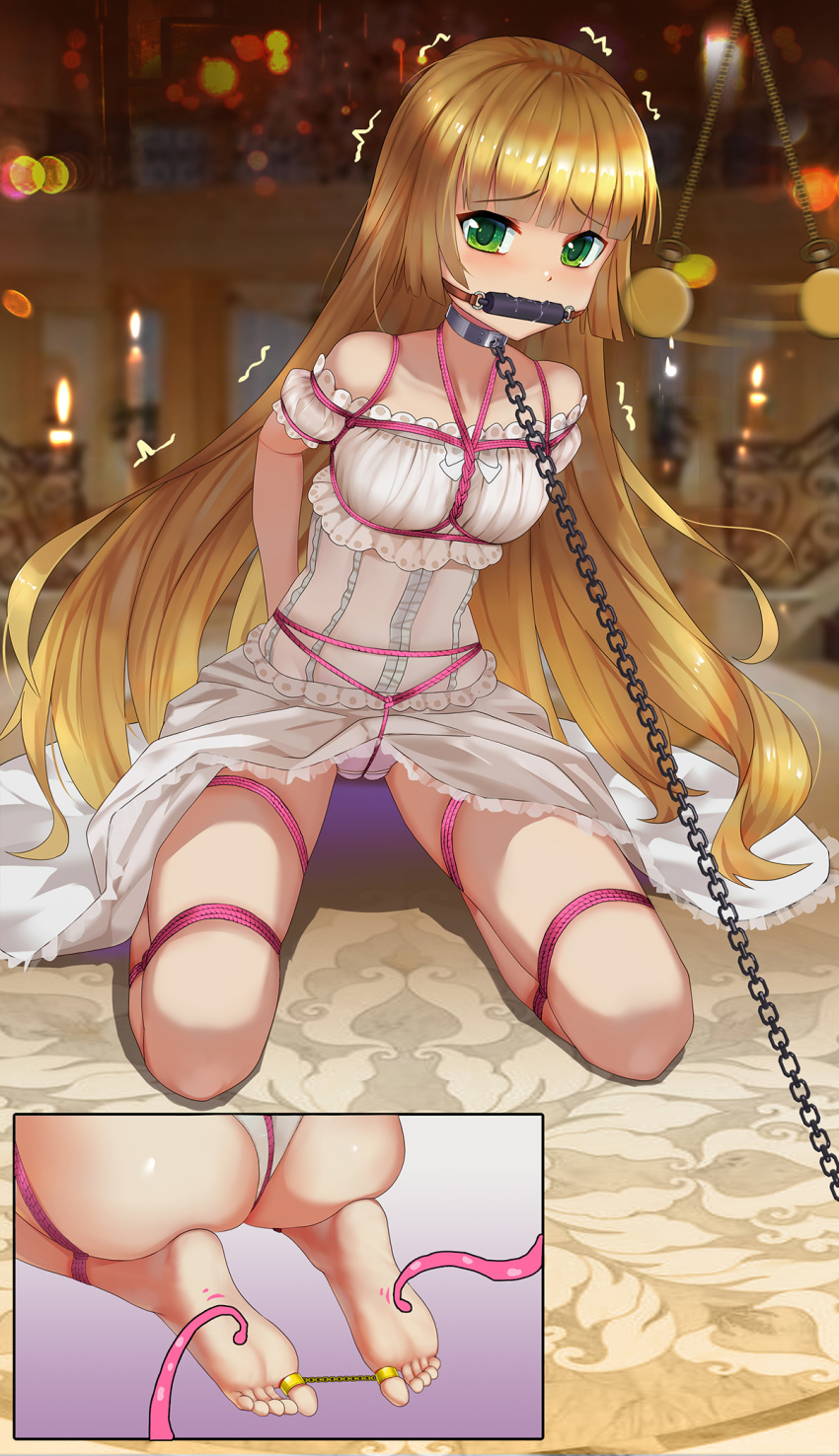 1girl, arms_behind_back, ass, barefoot, bdsm, bit_gag, blonde_hair, blush