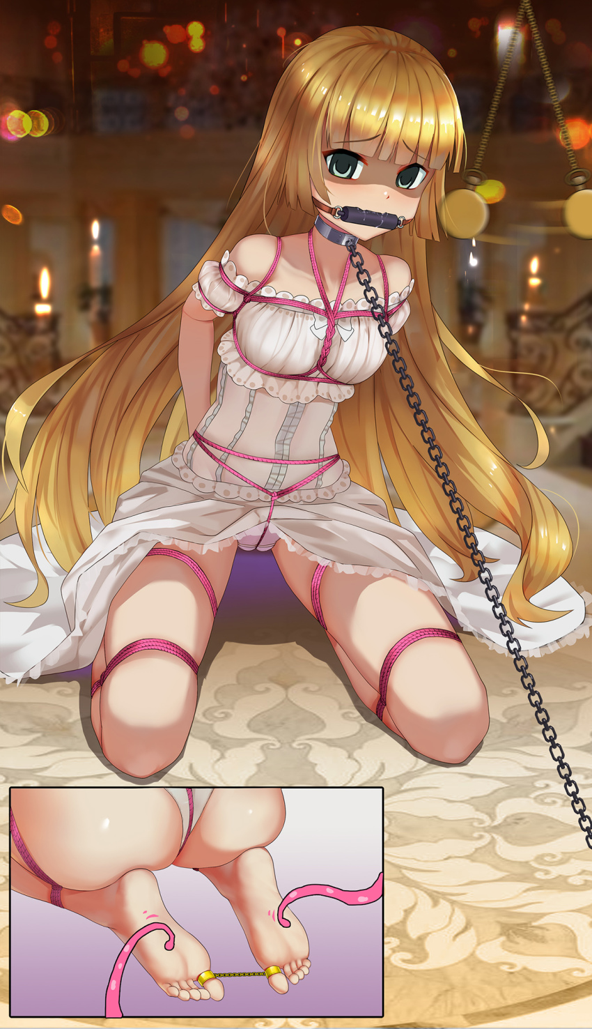 1girl, arms_behind_back, ass, barefoot, bdsm, bit_gag, blonde_hair, blush, bondage, bound, bound_arms, bound_legs, bound_toes, breast_bondage, brown_eyes, candle, carpet, chain, close-up, clothes_lift, collar, crotch_rope, dress, dress_lift, empty_eyes, fire, frills, frogtie, gag, gagged, gosick, gothic_lolita, green_eyes, haimei1980, highres, hypnosis, indoors, jewelry, kneeling, lace, lolita_fashion, long_hair, mind_control, on_floor, pajamas, panties, saliva, soles, tentacles, tickling, toe_ring, toecuffs, toes, underwear, very_long_hair, victorica_de_blois, white_panties