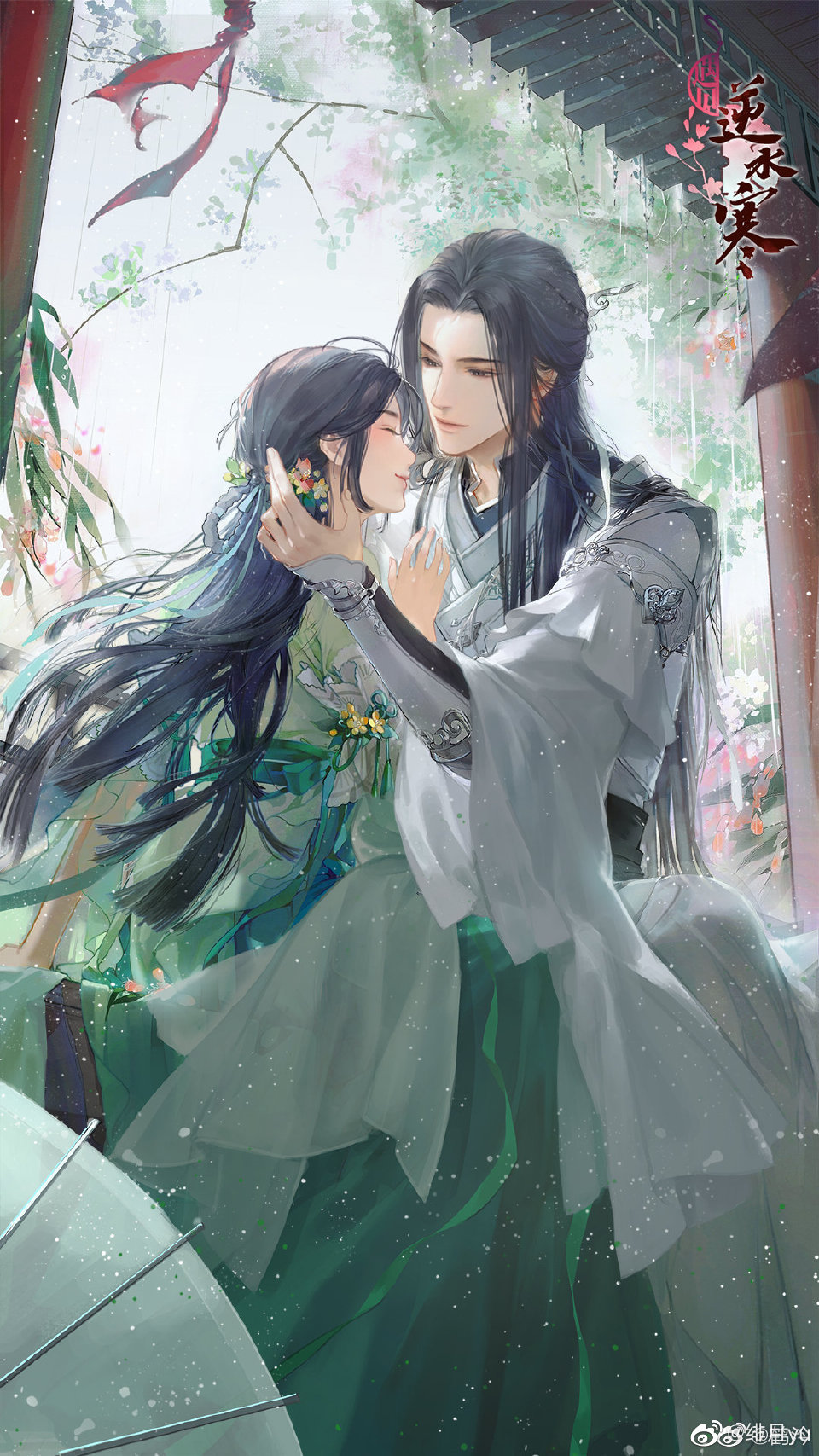 1boy, 1girl, black_hair, chinese_clothes, closed_eyes, dress, feiyue_yu, flower