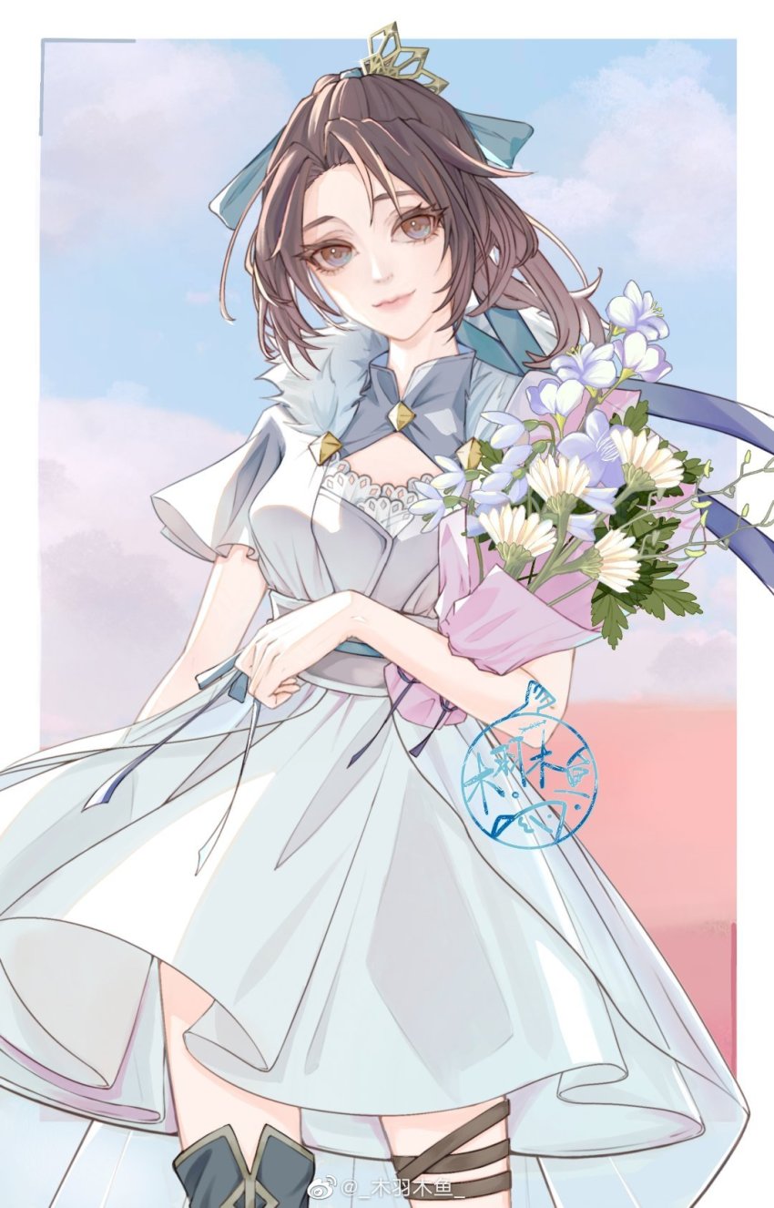 1girl, asymmetrical_legwear, blue_ribbon, bouquet, brown_hair, dress, flower, hair_ornament, hairpin, highres, hua_jianghu_zhi_bei_mo_ting, ji_ruxue_(hua_jianghu), mu_yu_muyu, ponytail, ribbon, sash, short_sleeves, smile, solo, upper_body, white_dress