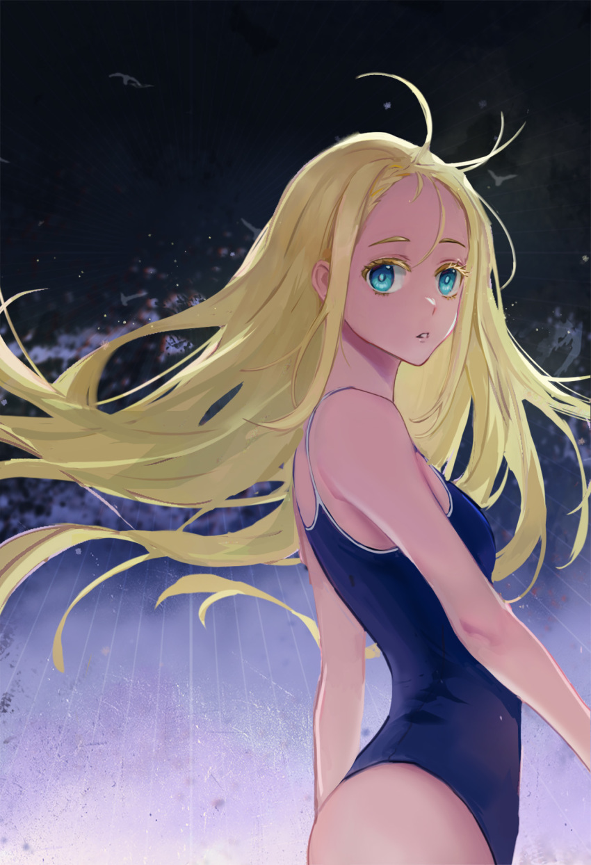 1girl, aquarzaaa, blonde_hair, blue_eyes, blue_one-piece_swimsuit, competition_school_swimsuit, cowboy_shot, forehead