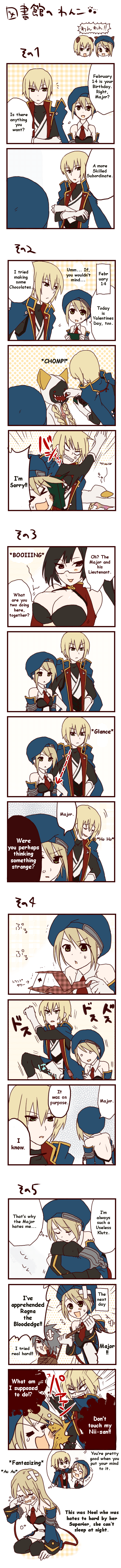 3koma, absurdres, arc_system_works, beret, blazblue, blazblue:_calamity_trigger, blonde_hair, comic, green_eyes, gun, hat, highres, itsuki_(s2_129), kisaragi_jin, litchi_faye_ling, long_image, noel_vermillion, ragna_the_bloodedge, tall_image, taokaka, thighhighs, translated, weapon, zettai_ryouiki