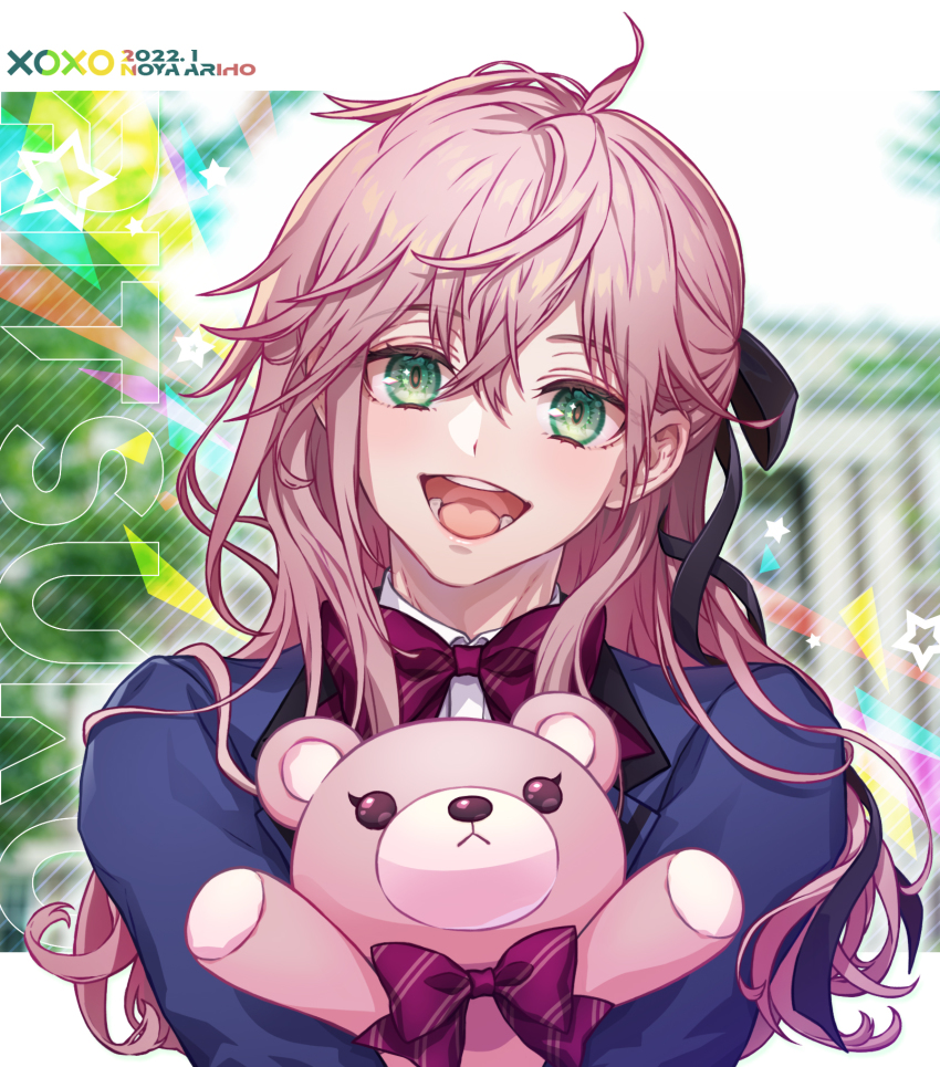 1girl, :d, ahoge, artist_name, blazer, blue_jacket, blurry, blurry_background