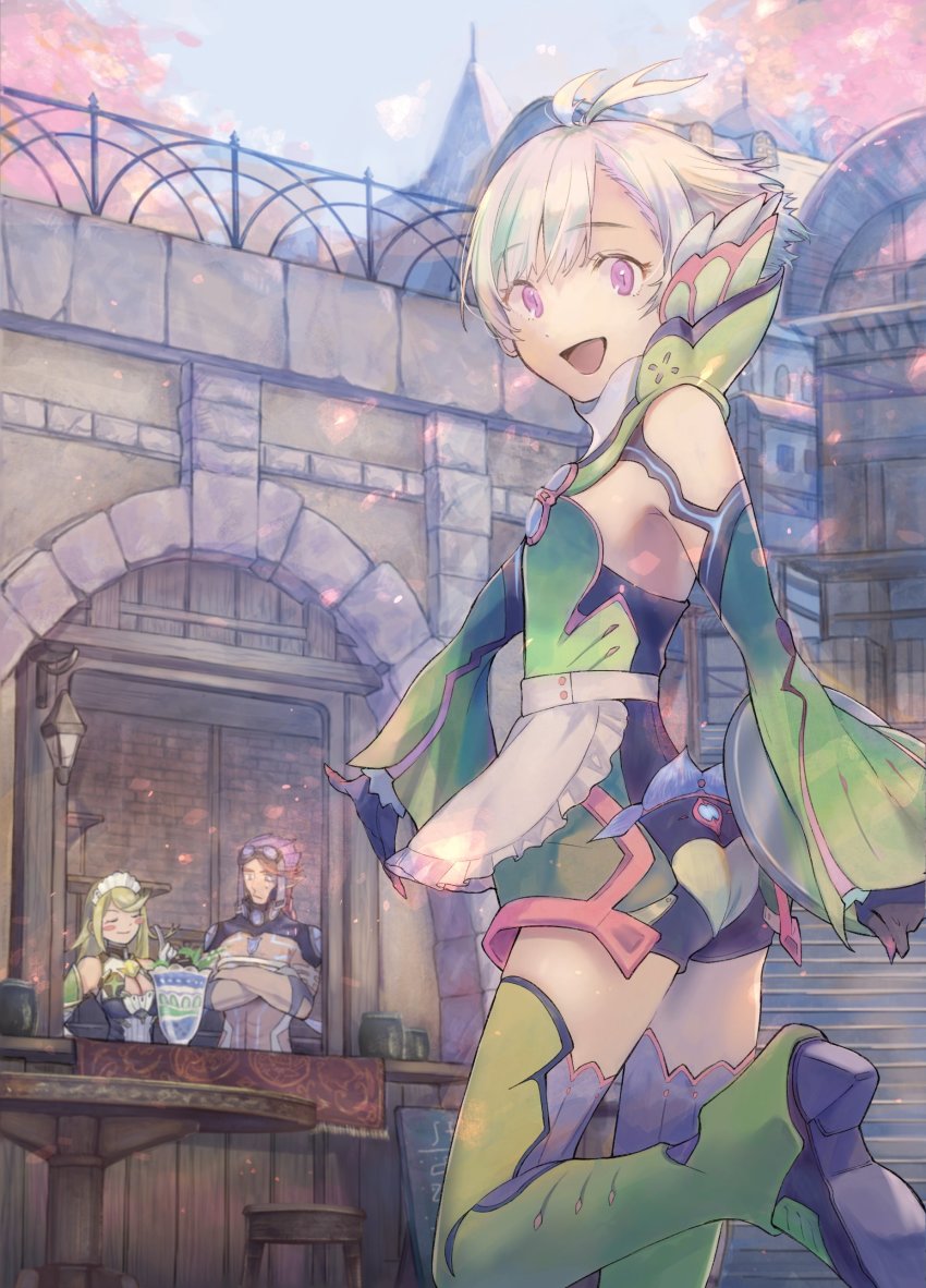 1girl, 2boys, absurdres, apron, blonde_hair, blush, boots, breasts