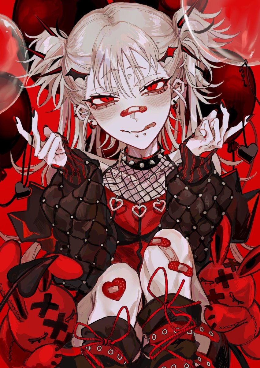 1girl, aegyo_sal, bandaid, boku_no_hero_academia, choker, collar, double_bun, earrings