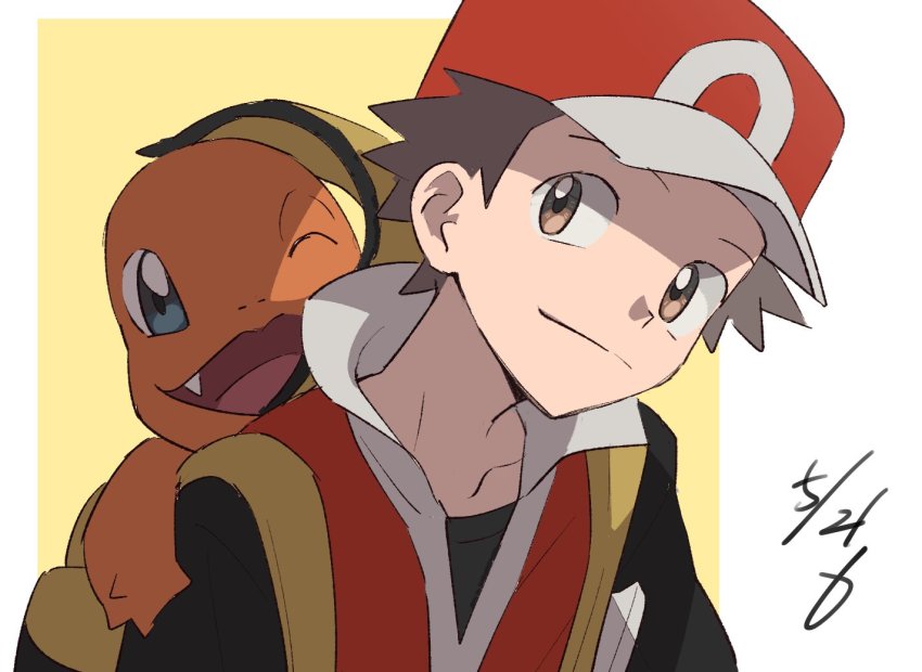 1boy, backpack, bag, baseball_cap, border, brown_eyes, brown_hair, charmander