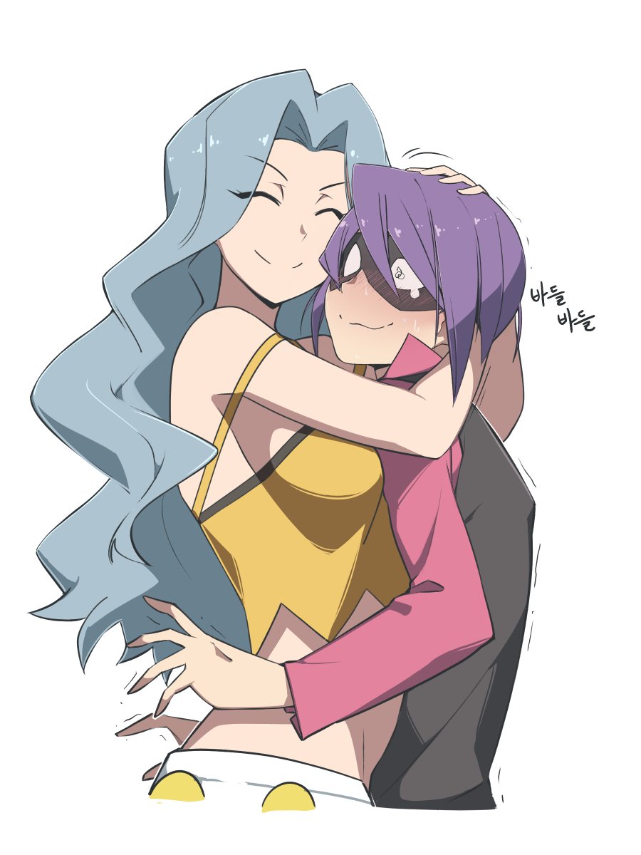 1boy, 1girl, blush, breasts, closed_eyes, closed_mouth, commentary_request, domino_mask