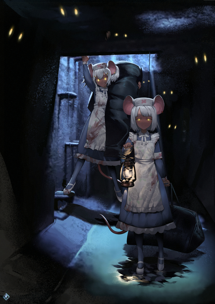 2girls, absurdres, animal_ears, apron, bag, blood, blood_on_clothes, body_bag, carrying, daikokuten_(fate), daikokuten_(third_ascension)_(fate), dark, dark-skinned_female, dark_skin, dress, fate/grand_order, fate_(series), glowing, glowing_eyes, hat, highres, hzor_(4422865), lantern, long_dress, mouse_ears, mouse_tail, multiple_girls, nurse_cap, shoulder_carry, smile, tail, yellow_eyes