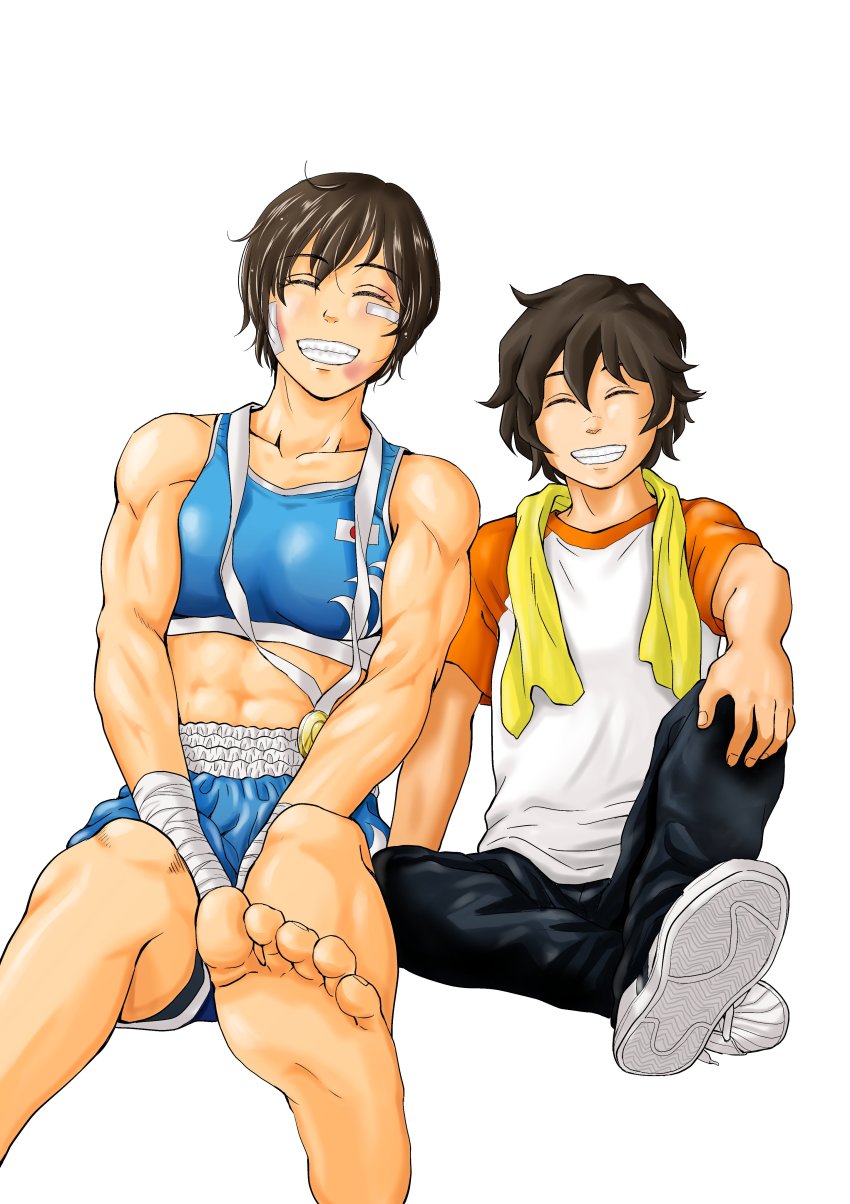 1boy, 1girl, abs, absurdres, adidas_superstar, arm_wrap, bandaid, bandaid_on_cheek, bandaid_on_face, bare_arms, bare_shoulders, black_pants, blue_shorts, blue_sports_bra, boxing_shorts, brown_hair, bruise, bruise_on_face, character_request, clenched_teeth, collarbone, closed_eyes, feet, grin, hair_between_eyes, happy, highres, injury, medal, mizuguchi_naoki, muscular, muscular_female, pants, saotome_senshu_hita_kakusu, saotome_yae, shirt, shoes, short_hair, shorts, simple_background, smile, sneakers, soles, sports_bra, t-shirt, teeth, toes, tomboy, towel, towel_around_neck, v_arms, very_short_hair, white_background, white_footwear
