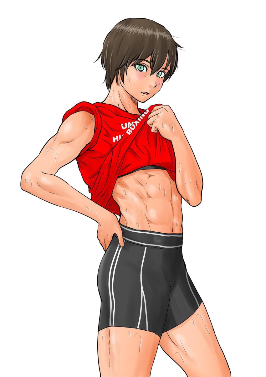 1girl, abs, aqua_eyes, bare_arms, black_sports_bra, blush, brown_hair, clothes_lift, cowboy_shot, from_side, hair_between_eyes, hand_on_own_hip, highres, messy_hair, mizuguchi_naoki, muscular, muscular_female, navel, parted_lips, red_shirt, saotome_senshu_hita_kakusu, saotome_yae, shirt, shirt_lift, short_hair, simple_background, sleeves_rolled_up, solo, sports_bra, standing, sweat, t-shirt, tomboy, very_short_hair, white_background