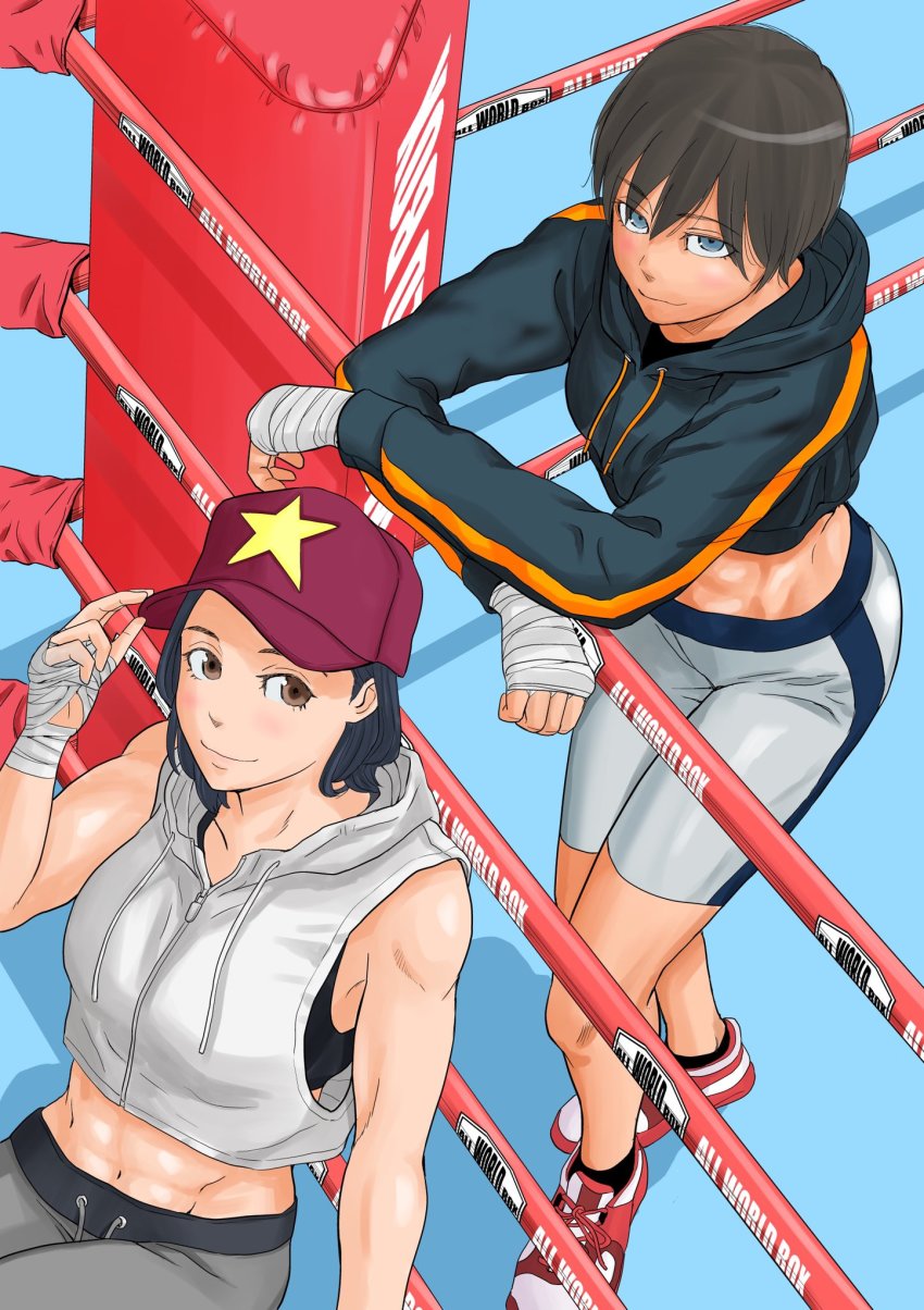 2girls, abs, ankle_socks, bare_arms, baseball_cap, bike_shorts, black_hair, black_hoodie