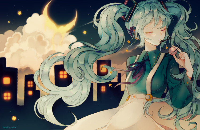 1girl, artist_name, behind-the-head_headphones, blue_hair, blush, closed_eyes, cloud, collared_shirt