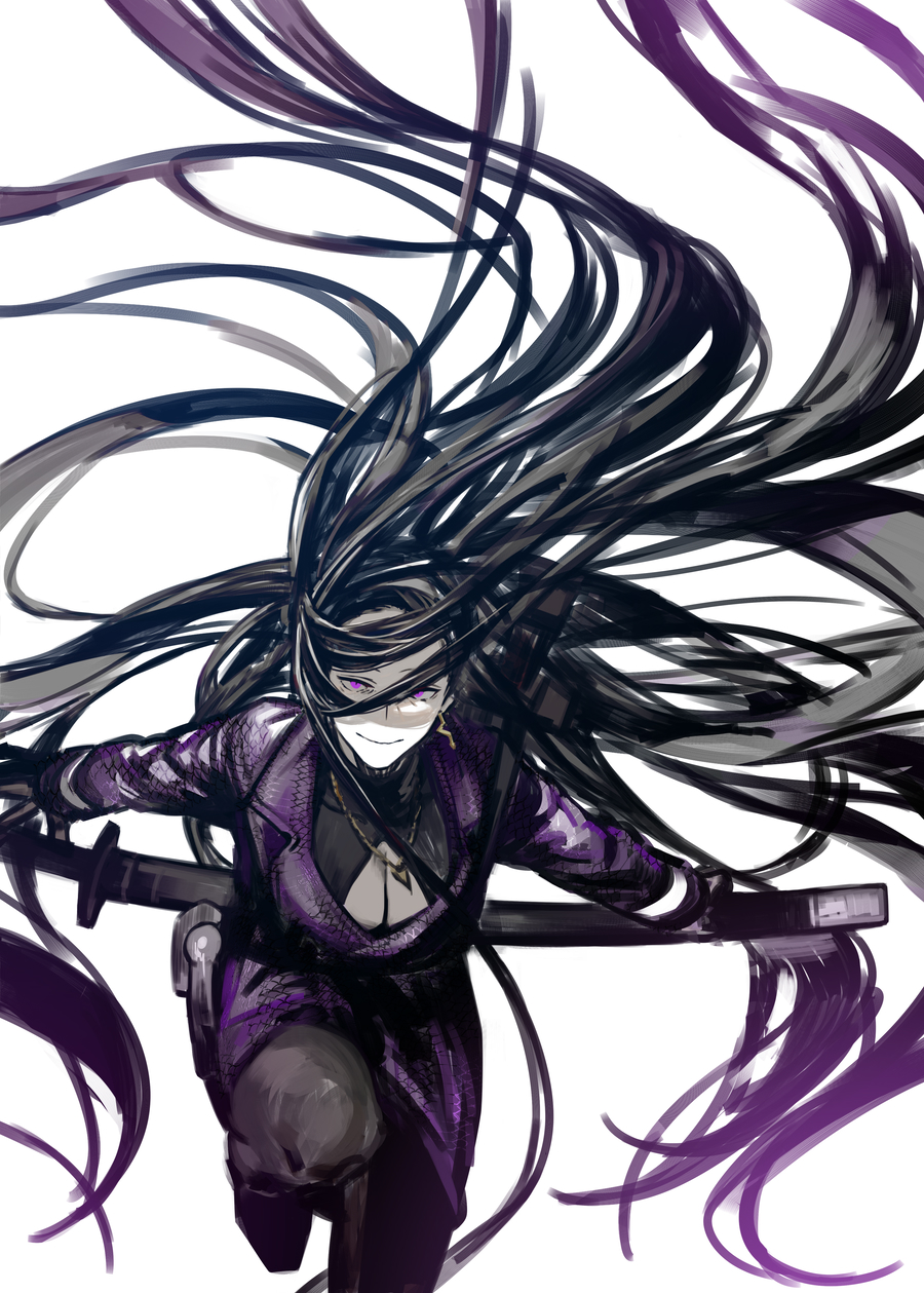 1girl, black_hair, breasts, coat, earrings, highres, iori_(project_moon), jewelry