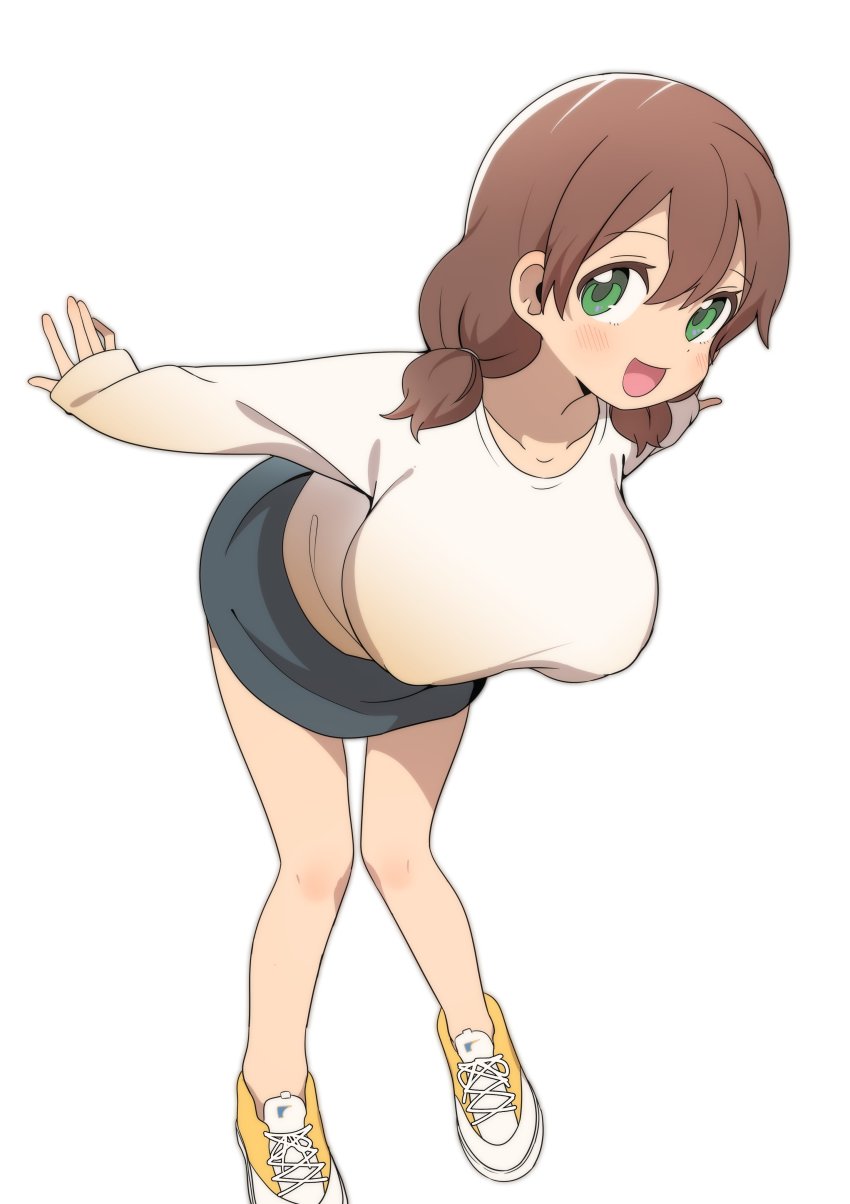 1girl, :d, absurdres, black_skirt, blush, breasts, brown_hair, bural_chingu