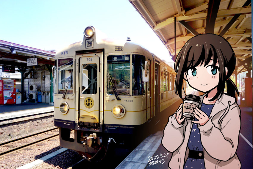 1girl, artist_logo, black_hair, blue_dress, blue_eyes, commentary_request, dated, dress