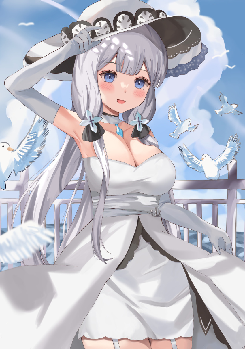 1girl, absurdres, azur_lane, bird, blue_gem, blue_sky, breasts, cloud