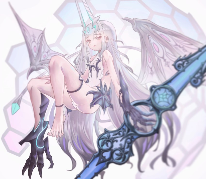 1girl, barefoot, colored_tips, danny_pen6333, dragon_girl, melusine_(fate), melusine_(final_ascension)_(fate), fate/grand_order, fate_(series), highres, long_hair, long_toenails, multicolored_hair, revealing_clothes, sharp_toenails, simple_background, toenails, very_long_hair, white_background, white_hair, wings, yellow_eyes