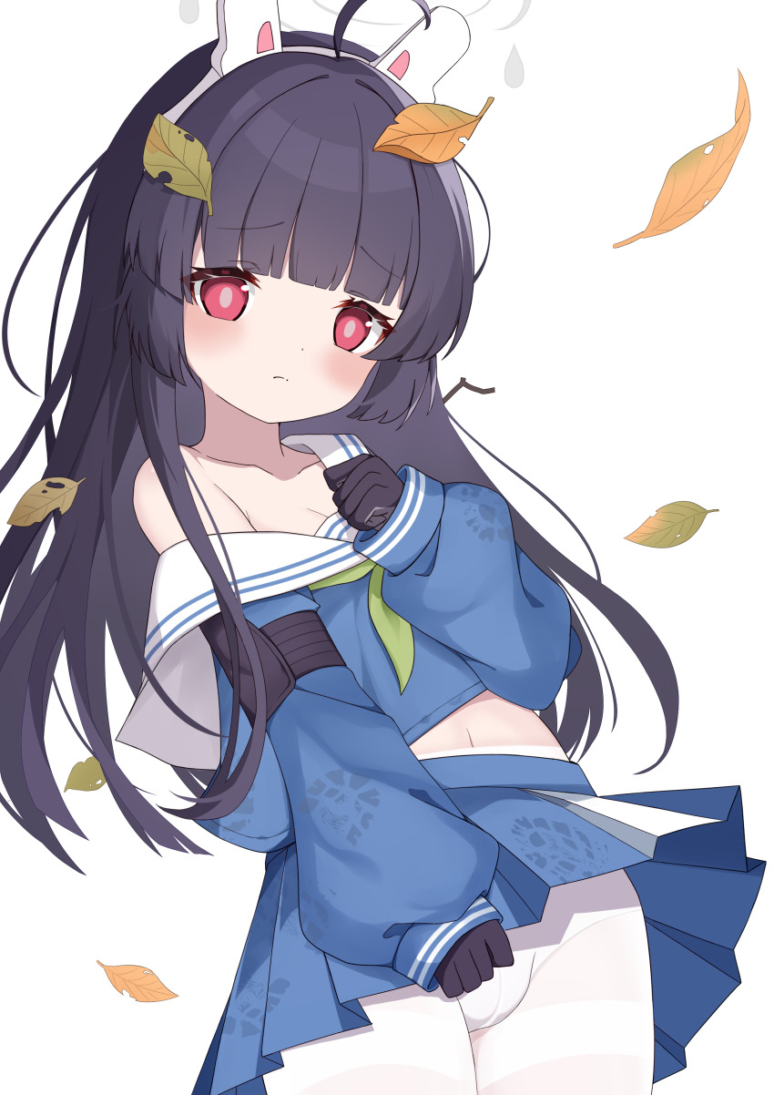 1girl, absurdres, ahoge, animal_ears, black_gloves, black_hair, blue_archive, blue_shirt, blue_skirt, clothes_lift, dirty, dirty_clothes, fake_animal_ears, gloves, highres, leaf, leaf_on_head, long_hair, miyu_(blue_archive), panties, panties_under_pantyhose, panty_peek, pantyhose, qiuyuan_lu, rabbit_ears, red_eyes, school_uniform, serafuku, shirt, shoe_print, simple_background, skirt, skirt_lift, solo, underwear, white_background, white_panties, white_pantyhose
