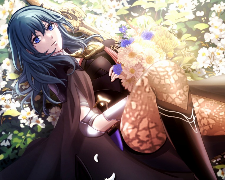 armlet, armor, blue_eyes, blue_hair, boots, breasts, brown_legwear, bustier