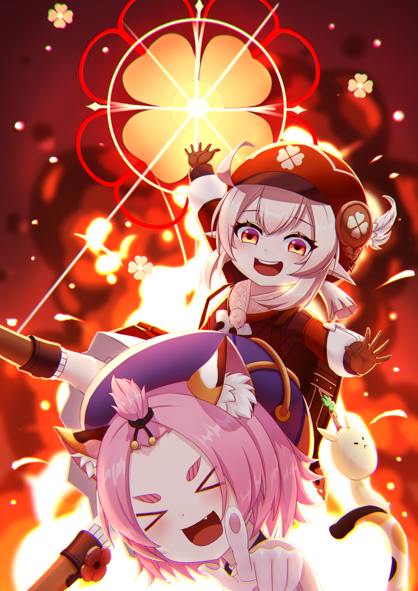 >_<, :d, absurdres, ahoge, animal_ears, arm_up, backpack, bag