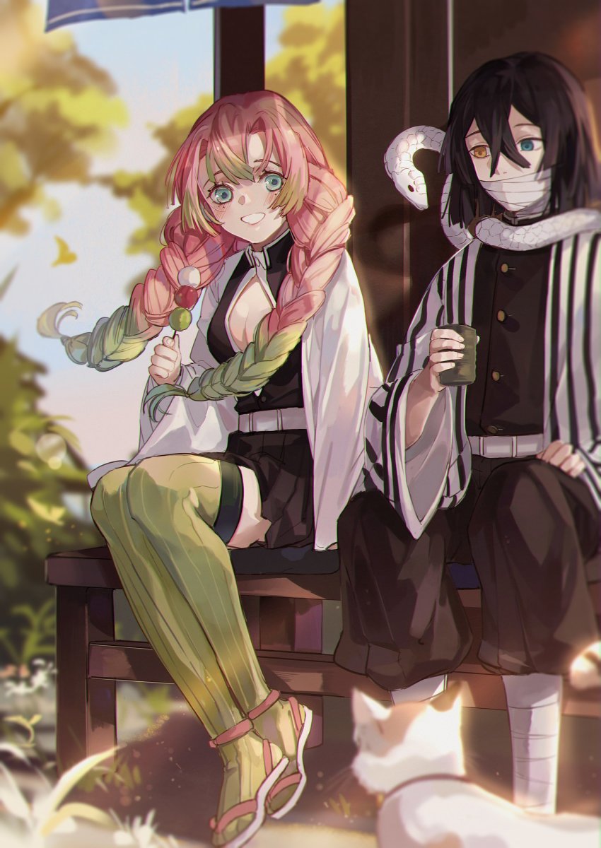 1boy, 1girl, animal, animal_around_neck, architecture, bandages, belt, belt_buckle