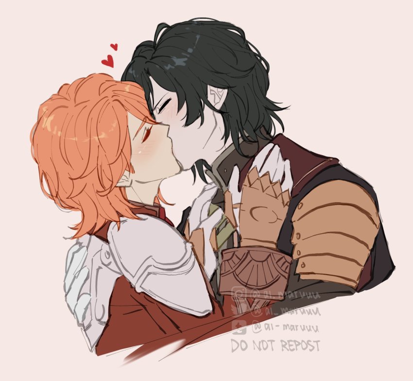 2boys, aimaru, armor, black_hair, black_jacket, cropped_torso, closed_eyes, ferdinand_von_aegir, fire_emblem, fire_emblem:_three_houses, fire_emblem_warriors, fire_emblem_warriors:_three_hopes, gloves, grey_background, heart, highres, hubert_von_vestra, jacket, kiss, male_focus, multiple_boys, nintendo, orange_hair, red_jacket, short_hair, shoulder_armor, simple_background, upper_body, white_gloves, yaoi